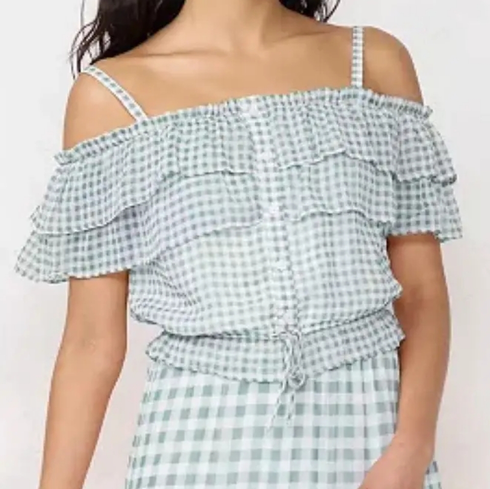 LC Lauren Conrad Button Front Off-Shoulder Gingham Ruffle Top, Sage Green, EUC!